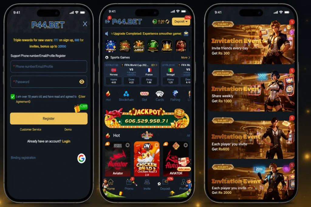 P44 Bet Game Interface, login and bonus